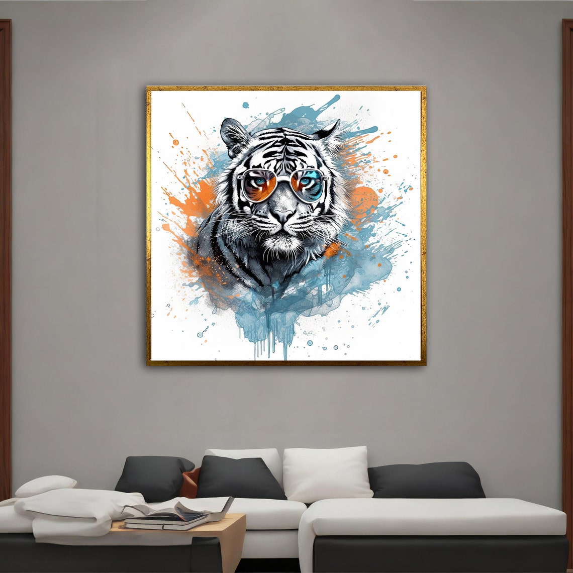 White Tiger Sunglasses Splash Art Fun Animal Wall Art Poster - Image 3