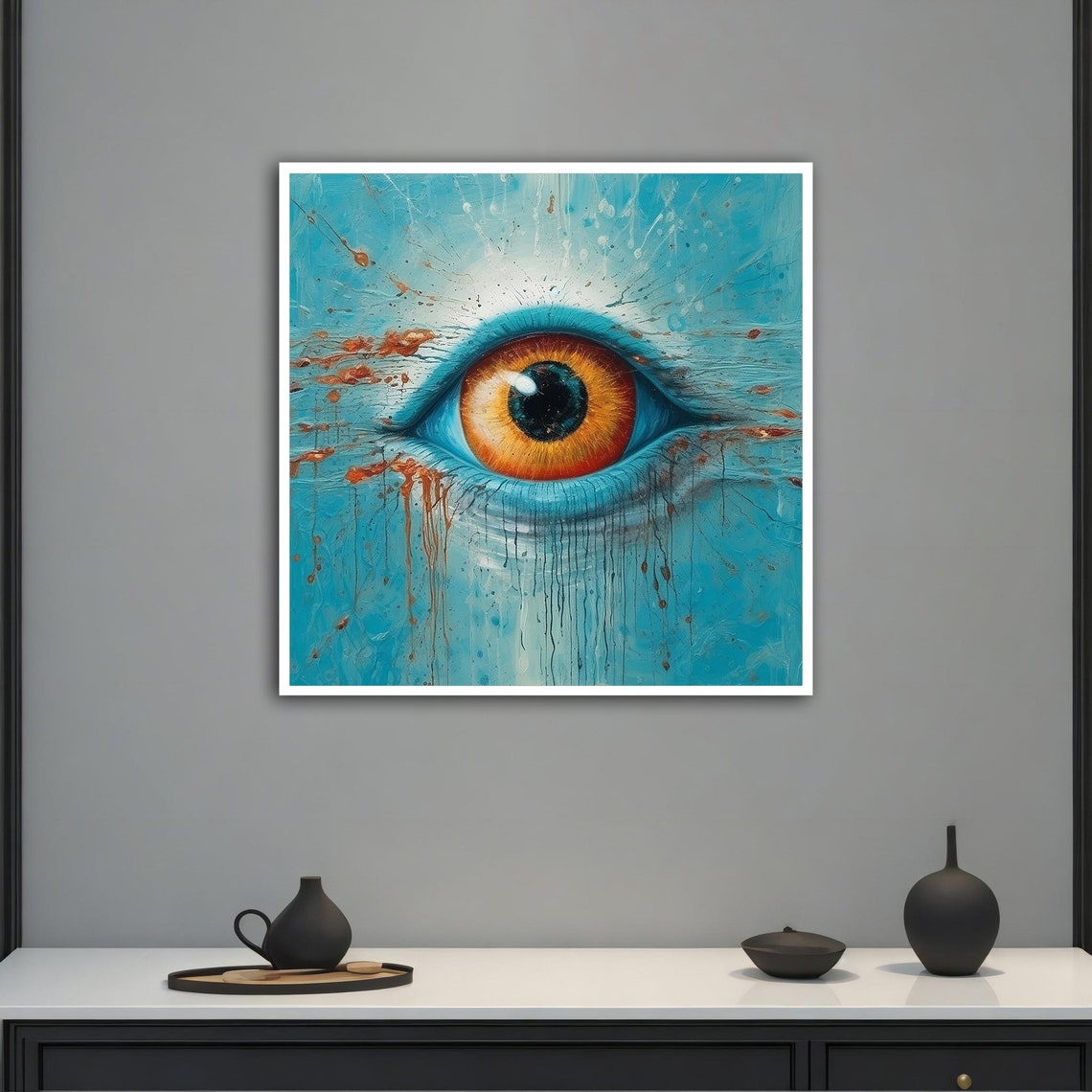 Surreal Amber Eye Turquoise Background Visionary Modern Art Poster - Image 2