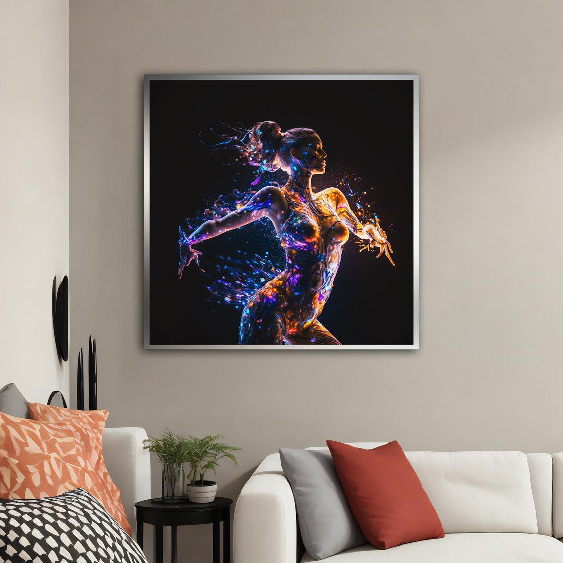 Neon Glowing Woman Light Figure Dance Blue Orange Digital Wall Art Poster - Image 2