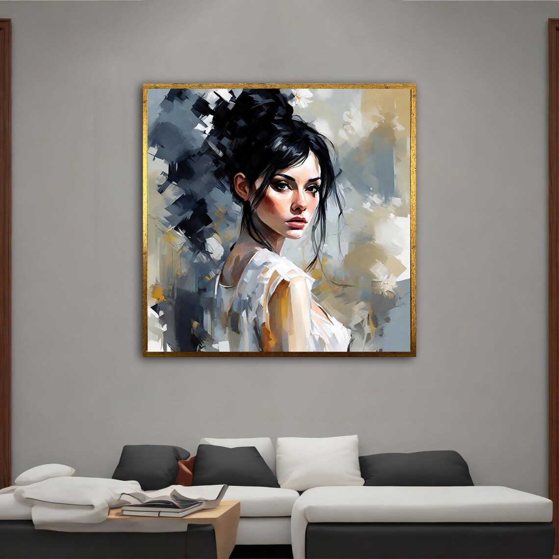 Modern Woman With Dark Hair Bun In Gray Black And Gold Poster - Image 5