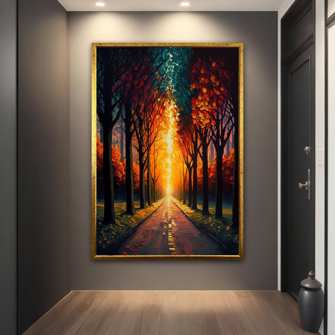 Forest Road at Sunset Autumn Trees Impasto Landscape Art Print - Image 2