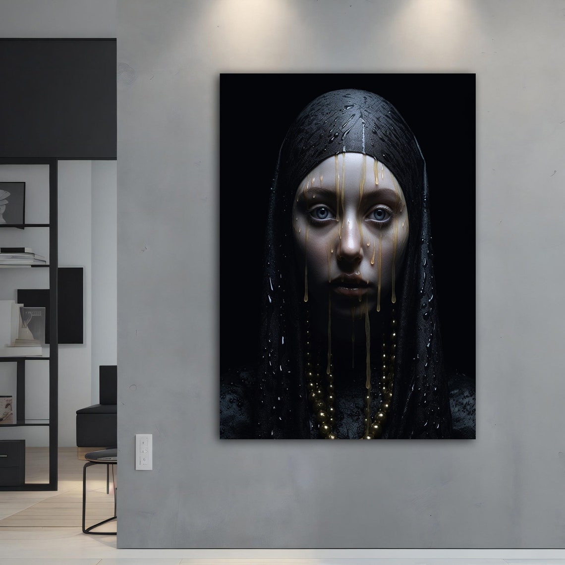Dark Veiled Woman Golden Tears Dramatic Gothic Portrait Art Poster - Image 5