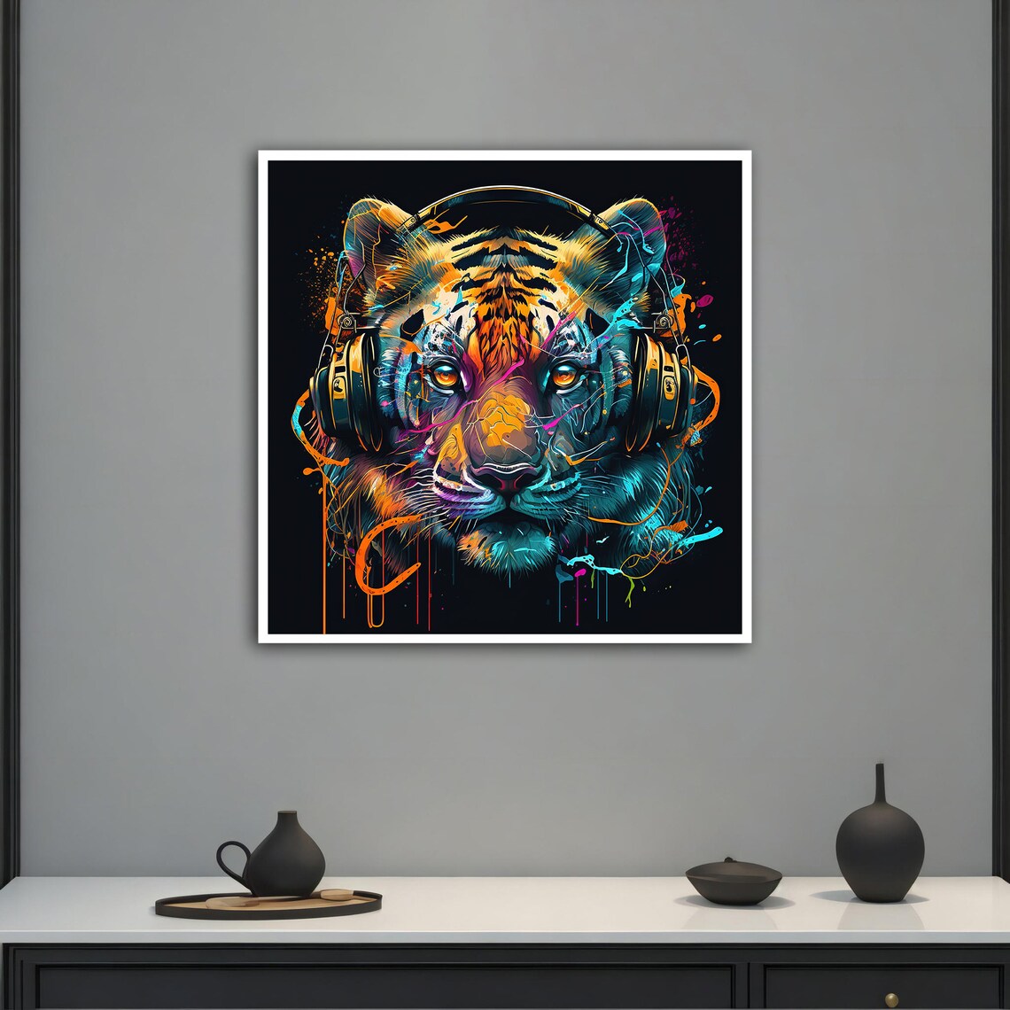 Tiger Wearing Headphones Neon Pop Art Colorful Music Wall Poster - Image 3