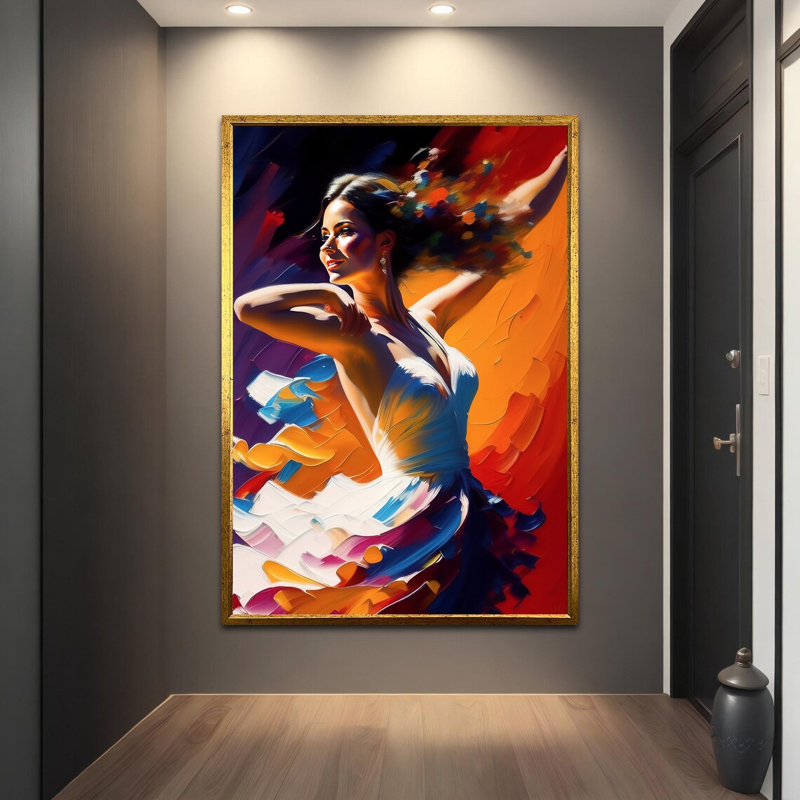 Dancing Woman Bold Brushstrokes Orange Blue Flamenco Style Art Poster - Image 2