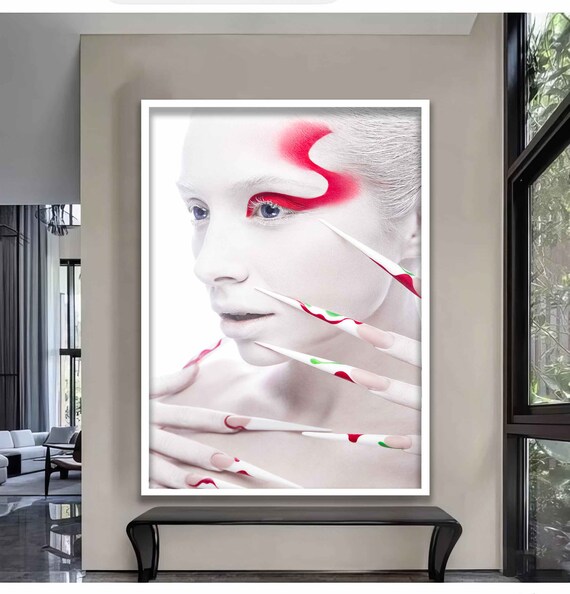 White Face Red Swirl Makeup Long Painted Nails Fashion Art Poster