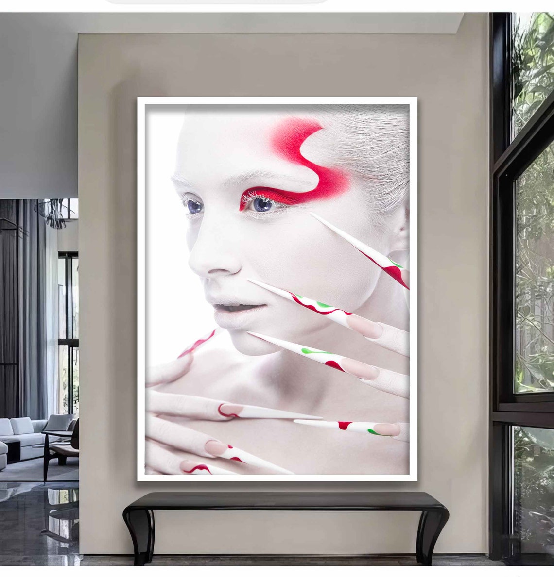 White Face Red Swirl Makeup Long Painted Nails Fashion Art Poster