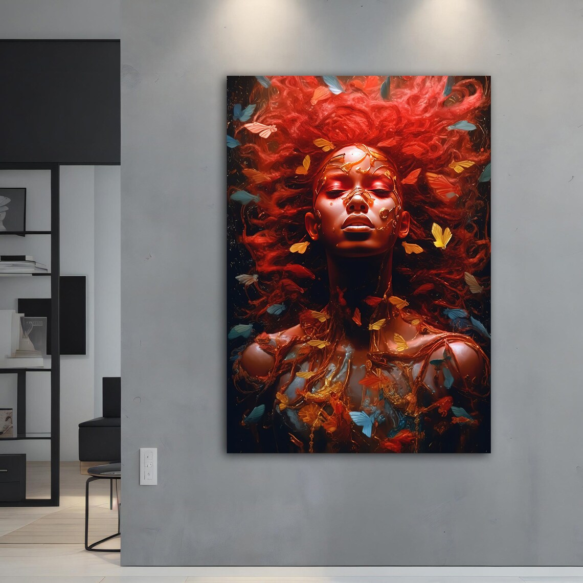Fiery Red Hair Woman Butterflies Golden Goddess Dreamy Art Poster - Image 3