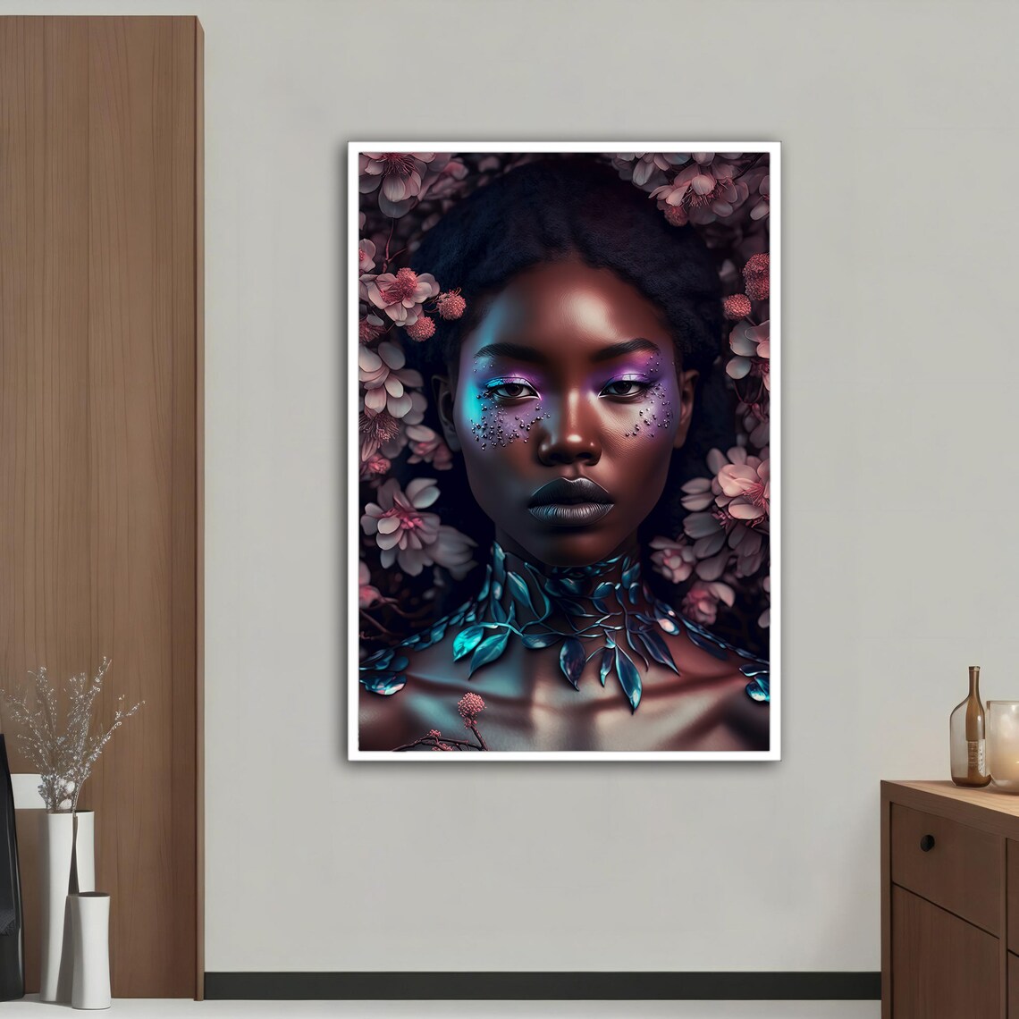 African Woman Portrait With Pink Flowers And Glitter Tears Poster - Image 2
