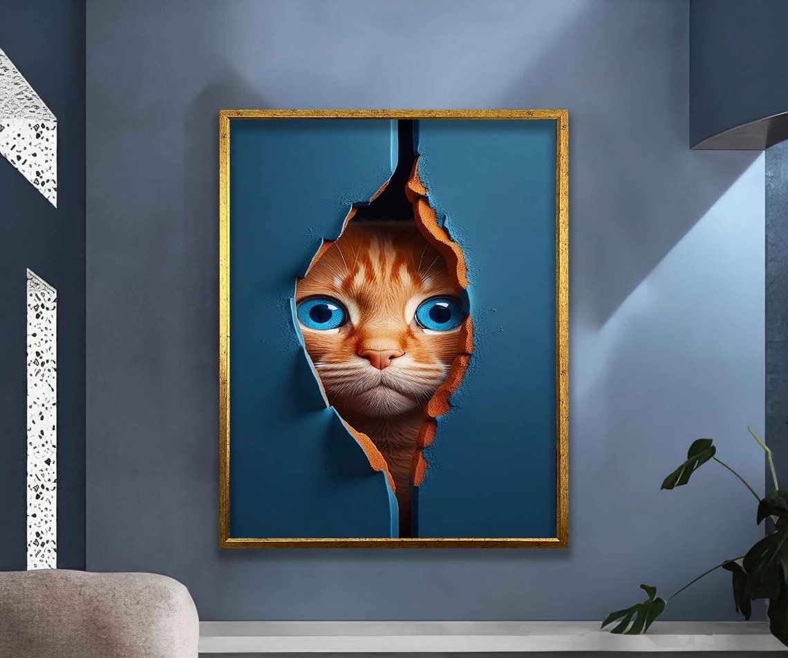 Orange Tabby Cat Blue Eyes Peeking Through Torn Wall Illusion Poster - Image 3