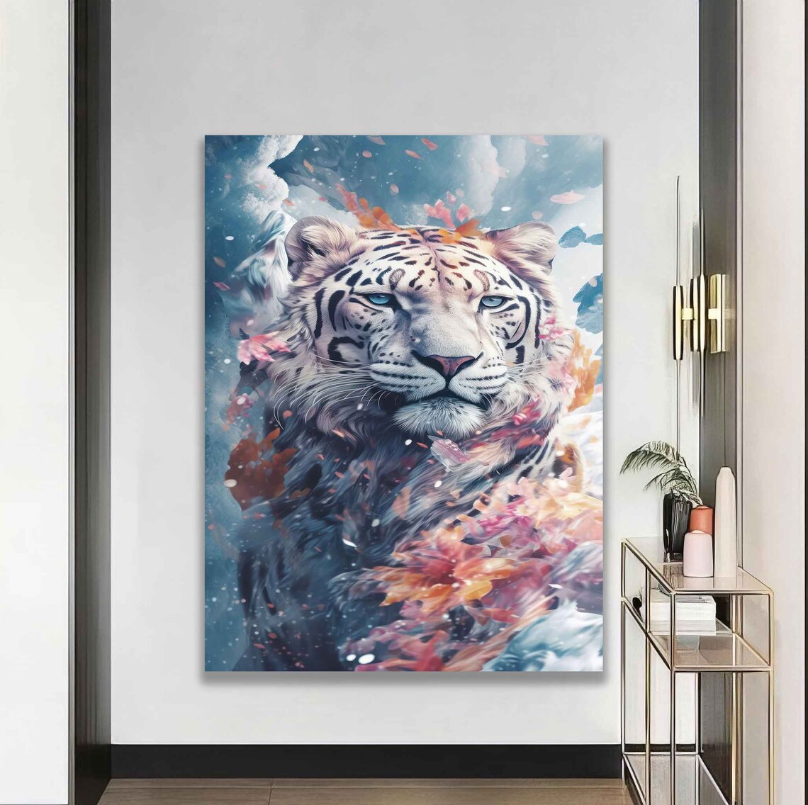 White Tiger With Autumn Leaves Watercolor Wildlife Art Poster - Image 5