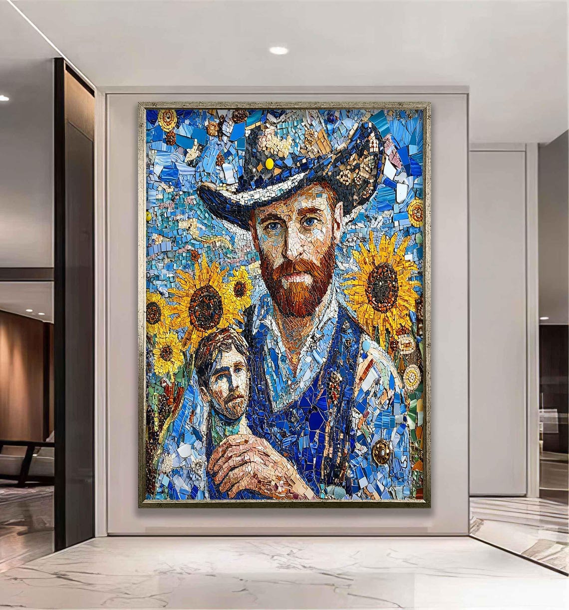 Van Gogh Mosaic Portrait Sunflowers Blue Tile Art Wall Poster - Image 3