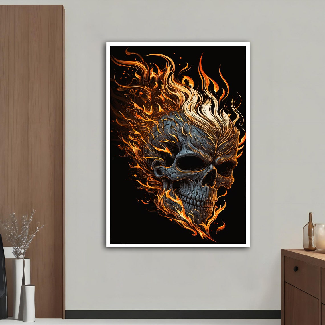 Flaming Skull Fire Engulfed Black Background Fierce Gothic Art Poster - Image 3