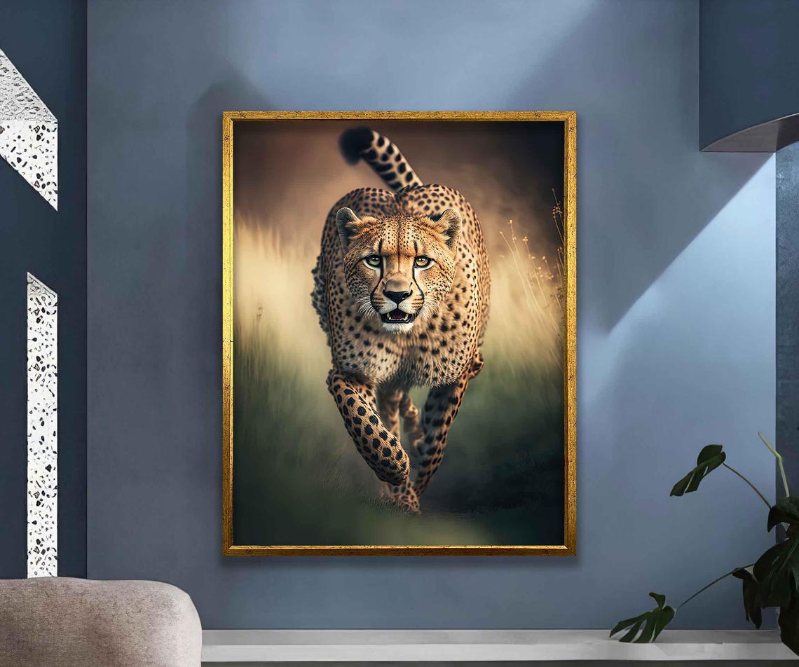 Cheetah Running Toward Viewer Golden Savanna Wildlife Big Cat Poster