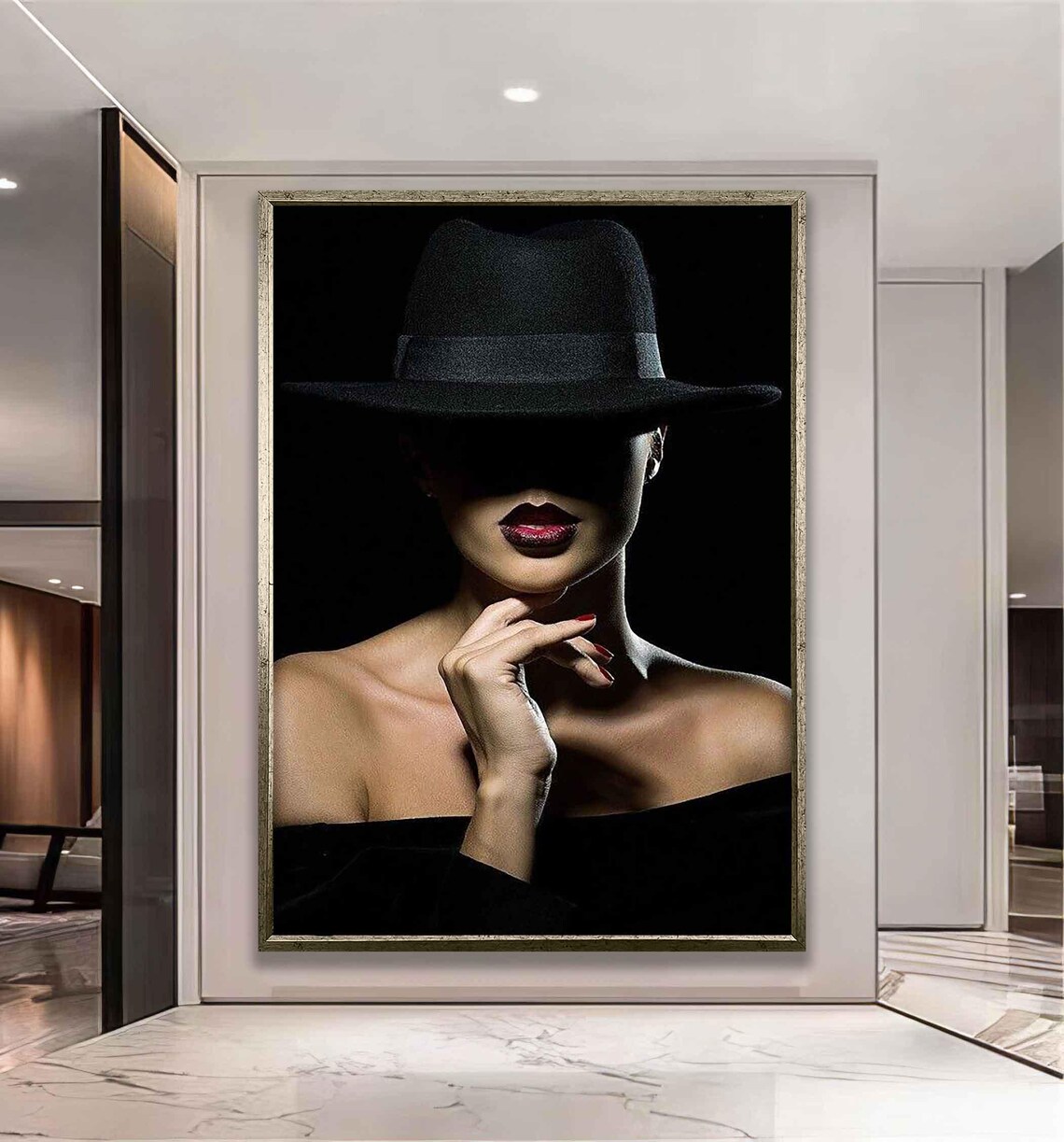 Woman Black Fedora Hat Red Lips Mysterious Noir Fashion Wall Art Poster - Image 3