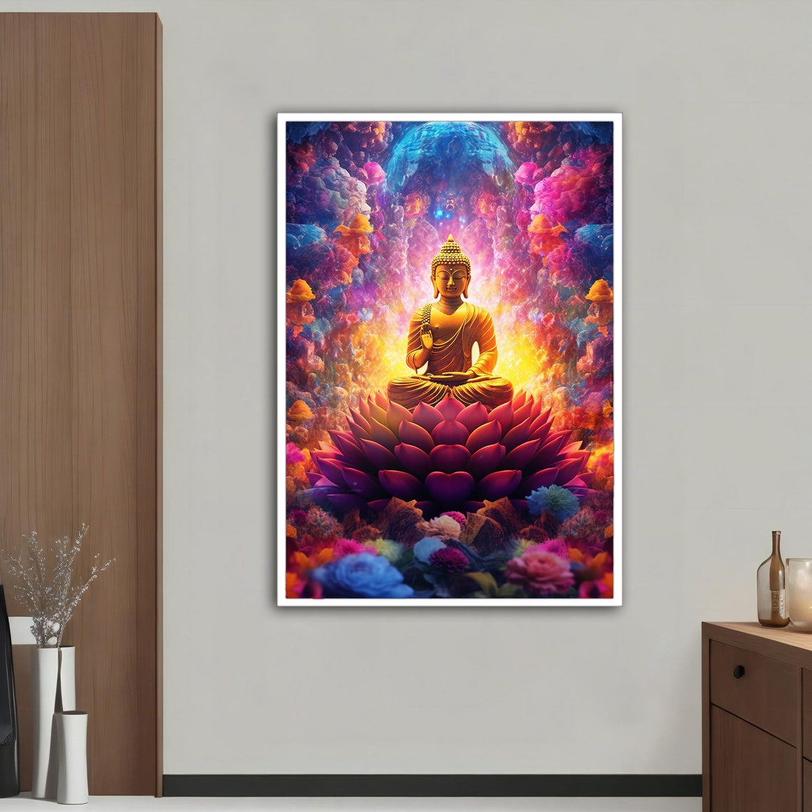 Golden Buddha on Lotus Psychedelic Flowers Spiritual Art Print - Image 2