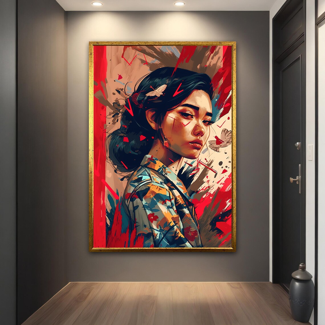 Woman Floral Kimono Red Brushstrokes Butterfly Asian Style Art Poster - Image 3