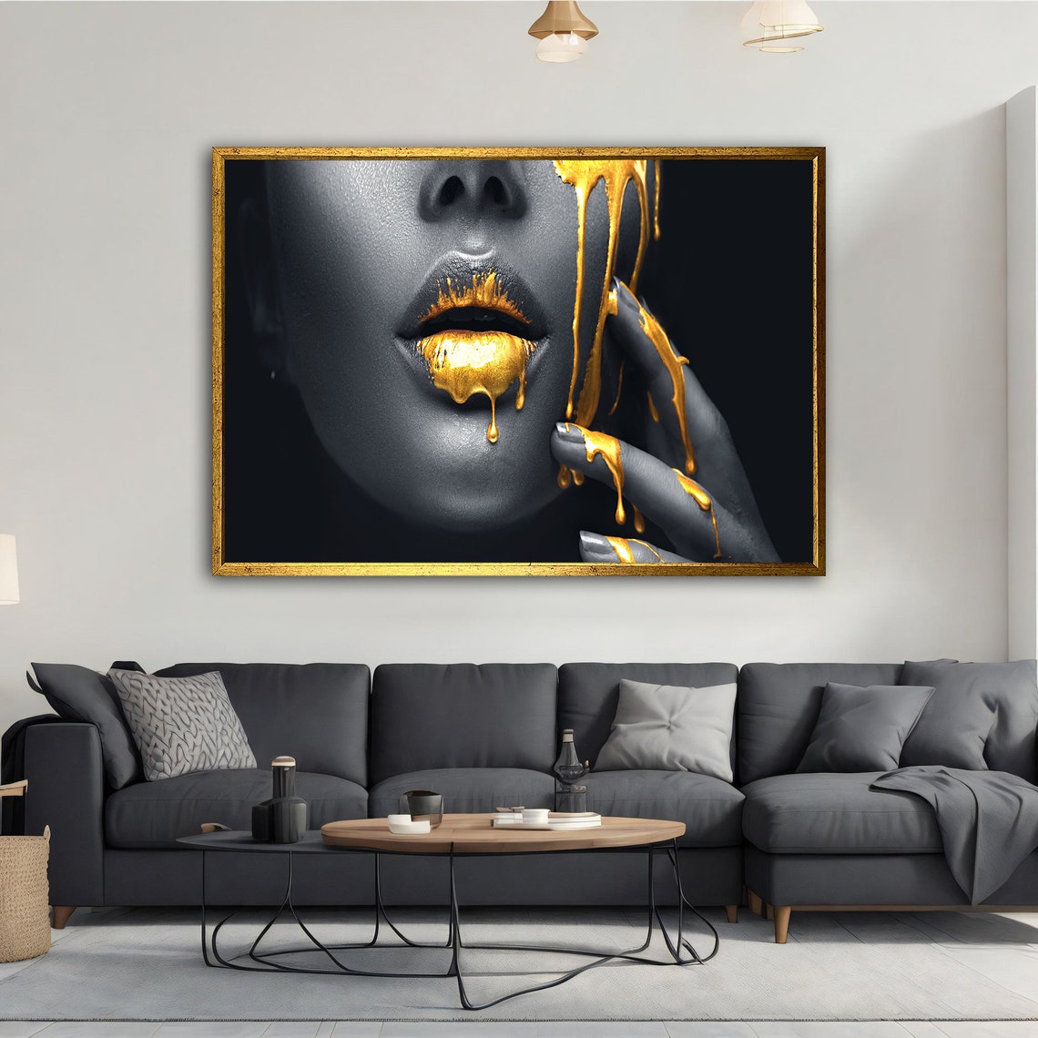 Gold Dripping Lips Black White Portrait Luxury Fashion Wall Art Poster - Image 5