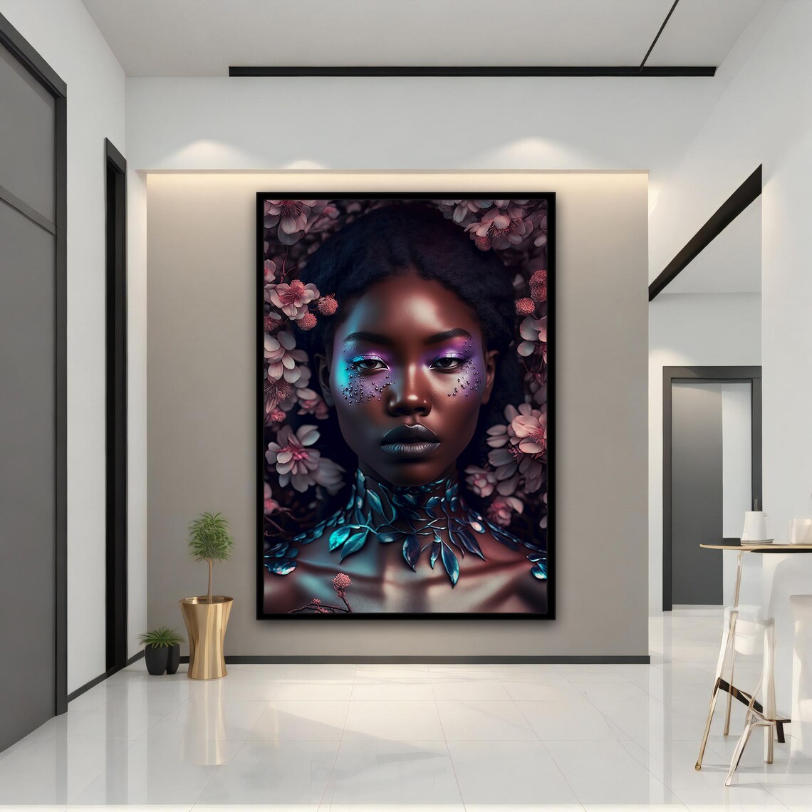 African Woman Portrait With Pink Flowers And Glitter Tears Poster - Image 3