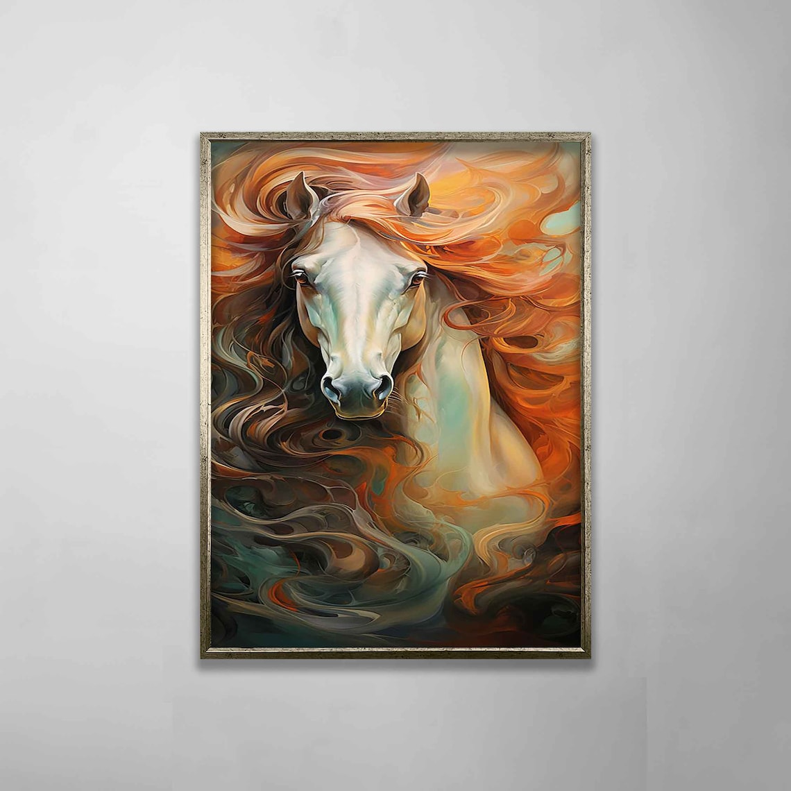 White Horse Fiery Orange Flowing Mane Majestic Equine Art Poster - Image 2