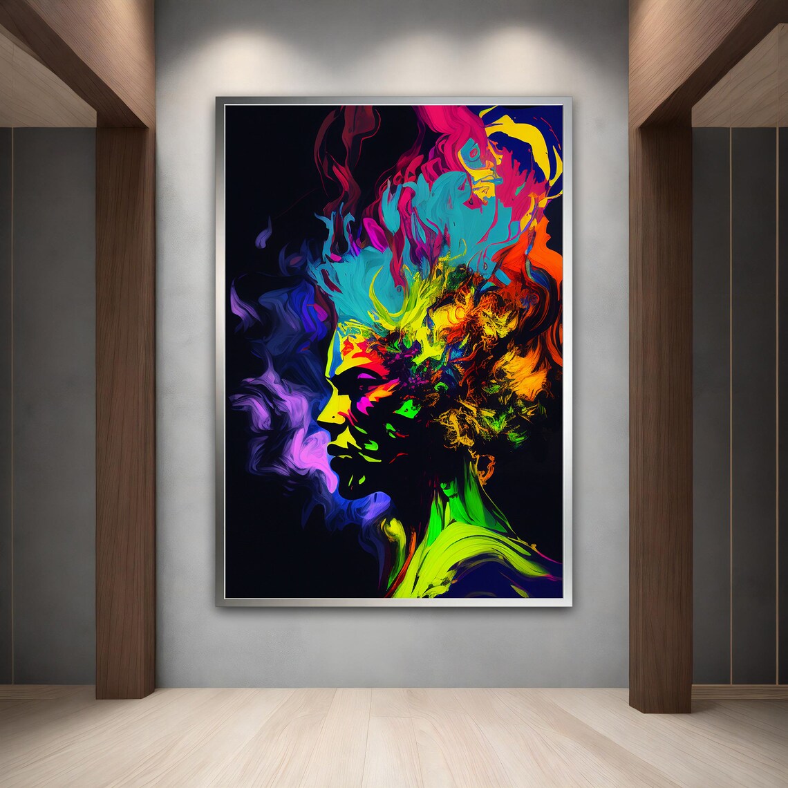 Neon Flame Hair Woman Profile Vivid Color Explosion Black Art Poster - Image 3