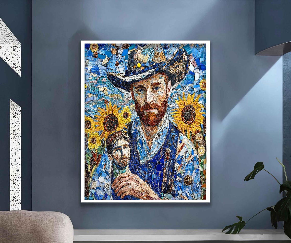 Van Gogh Mosaic Portrait Sunflowers Blue Tile Art Wall Poster - Image 5