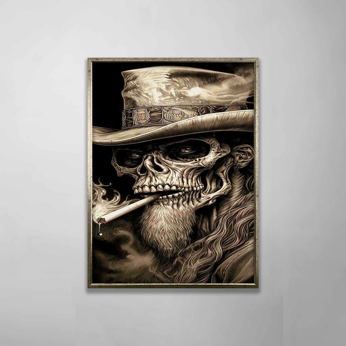 Cowboy Skull In Hat Smoking Sepia Tone Western Gothic Art Poster