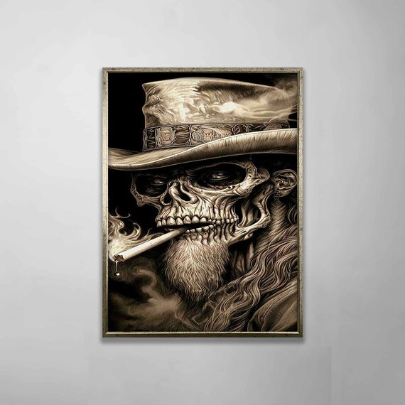 Cowboy Skull In Hat Smoking Sepia Tone Western Gothic Art Poster