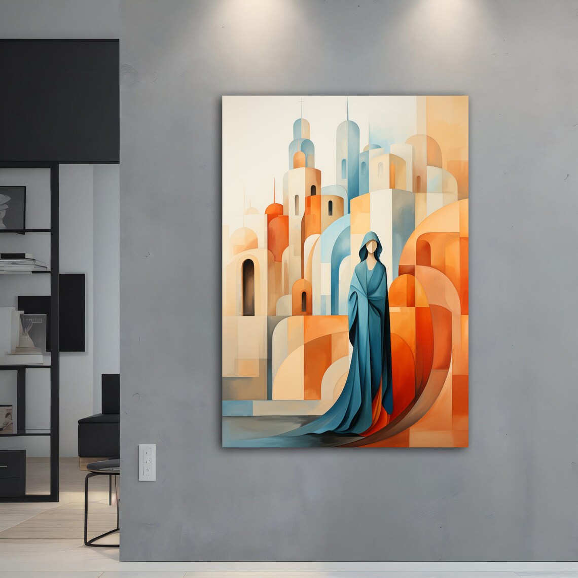 Hooded Figure Abstract Geometric Cityscape Terracotta Blue Art Poster - Image 2