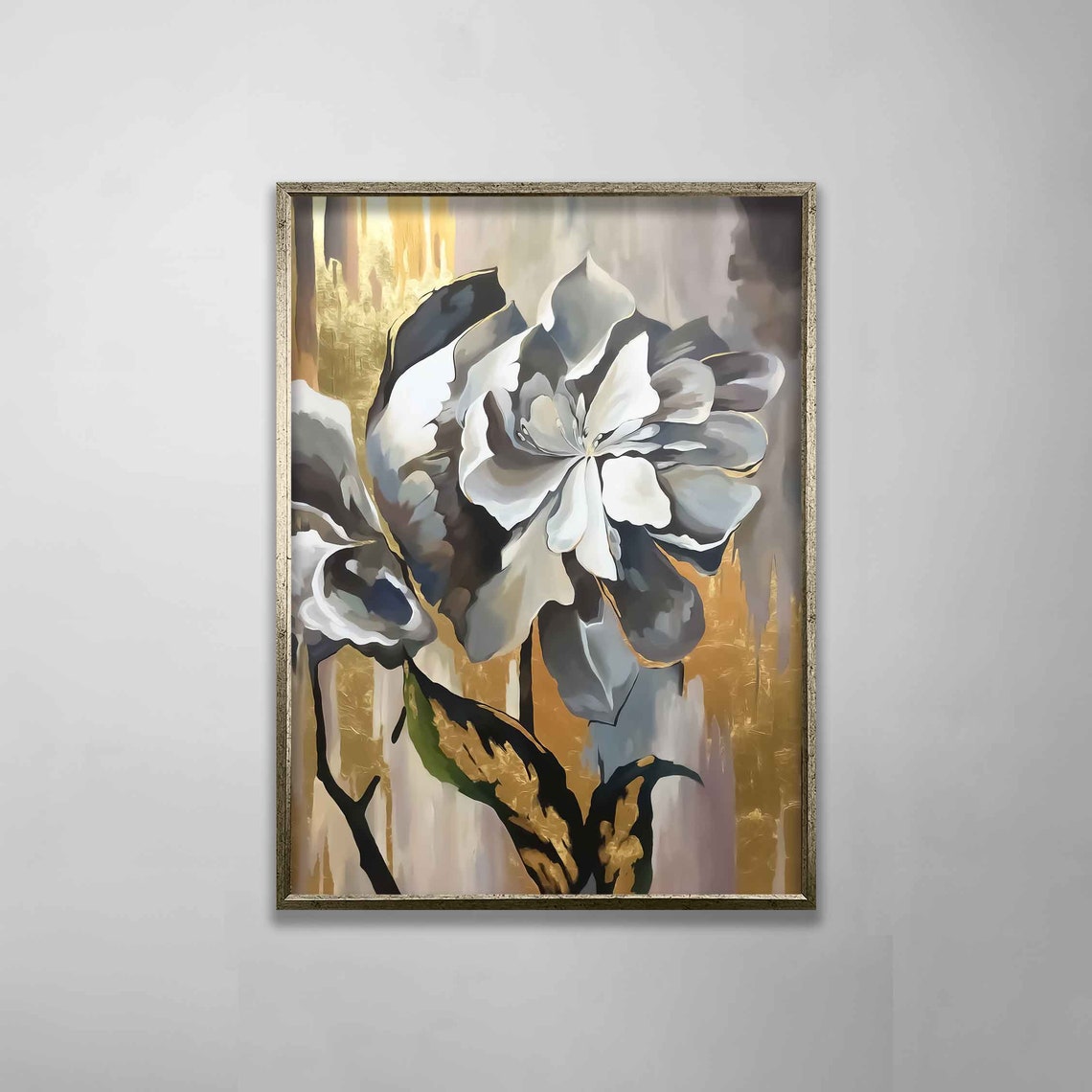White Flower Golden Abstract Background Floral Painting Wall Poster - Image 2