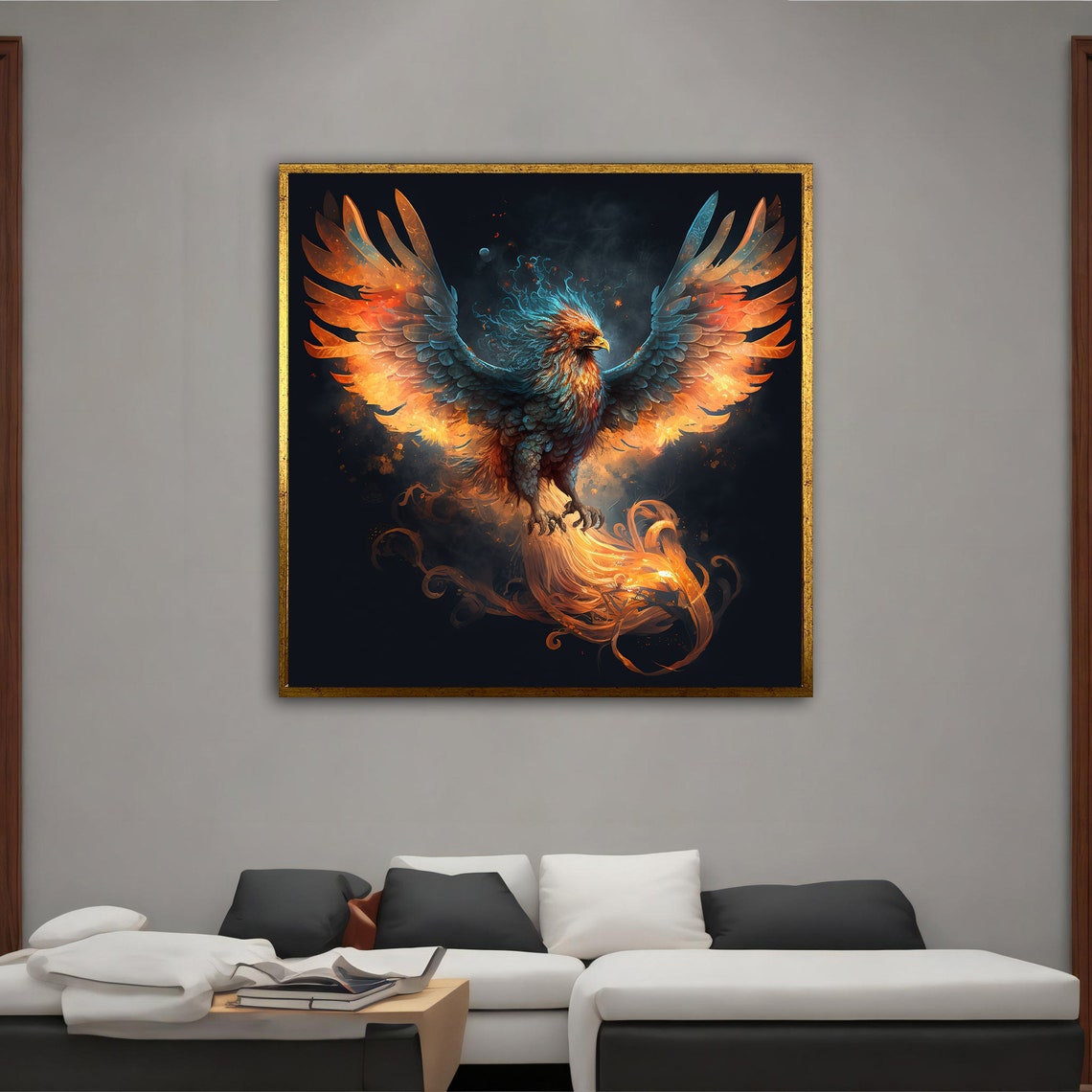 Phoenix Rising Fire Wings Black Background Mythical Bird Art Poster - Image 3