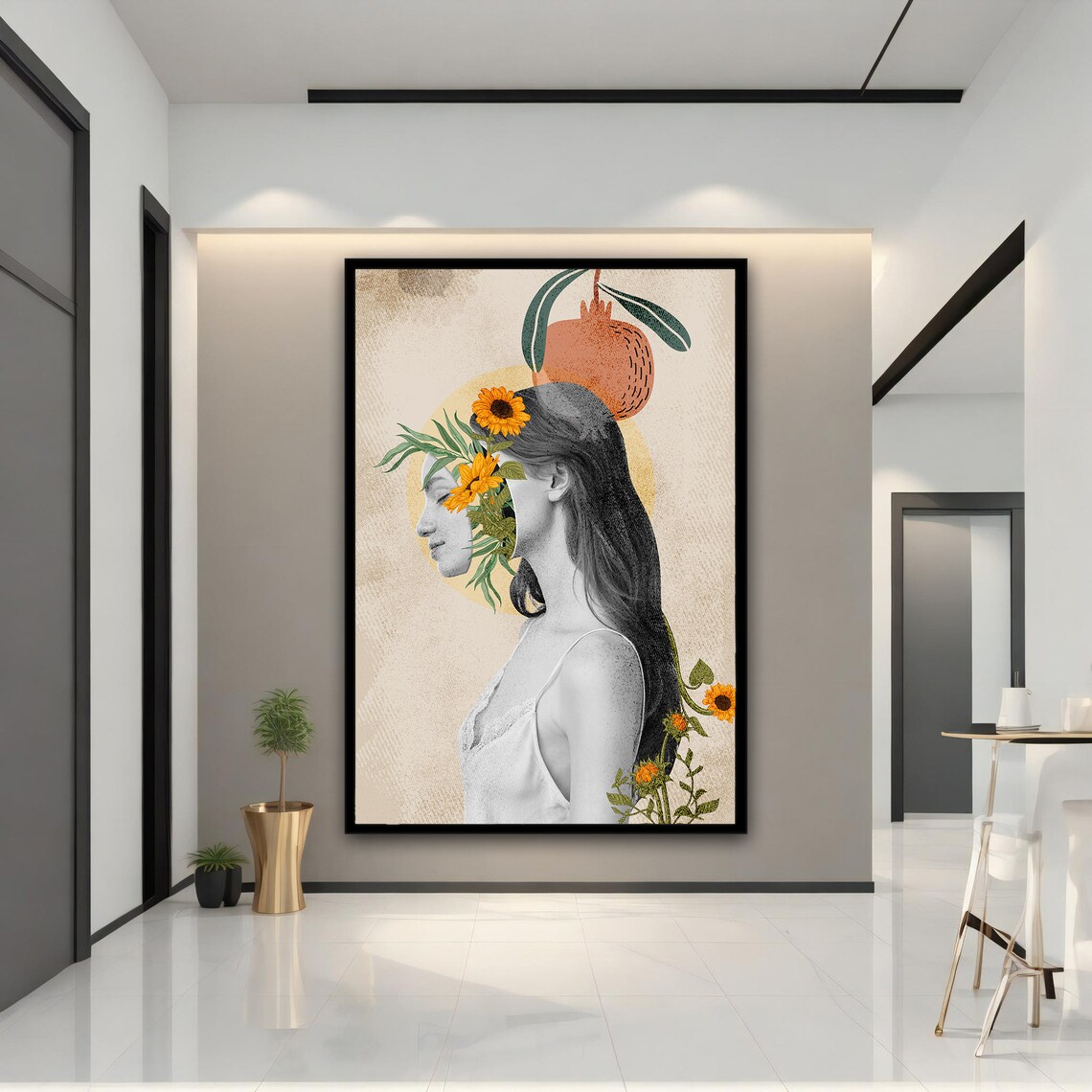 Woman Sunflower Face Floral Collage Pomegranate Botanical Art Poster - Image 4