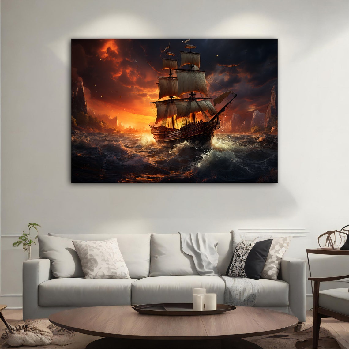 Tall Ship Sailing Stormy Sea Dramatic Sunset Nautical Art Poster - Image 5