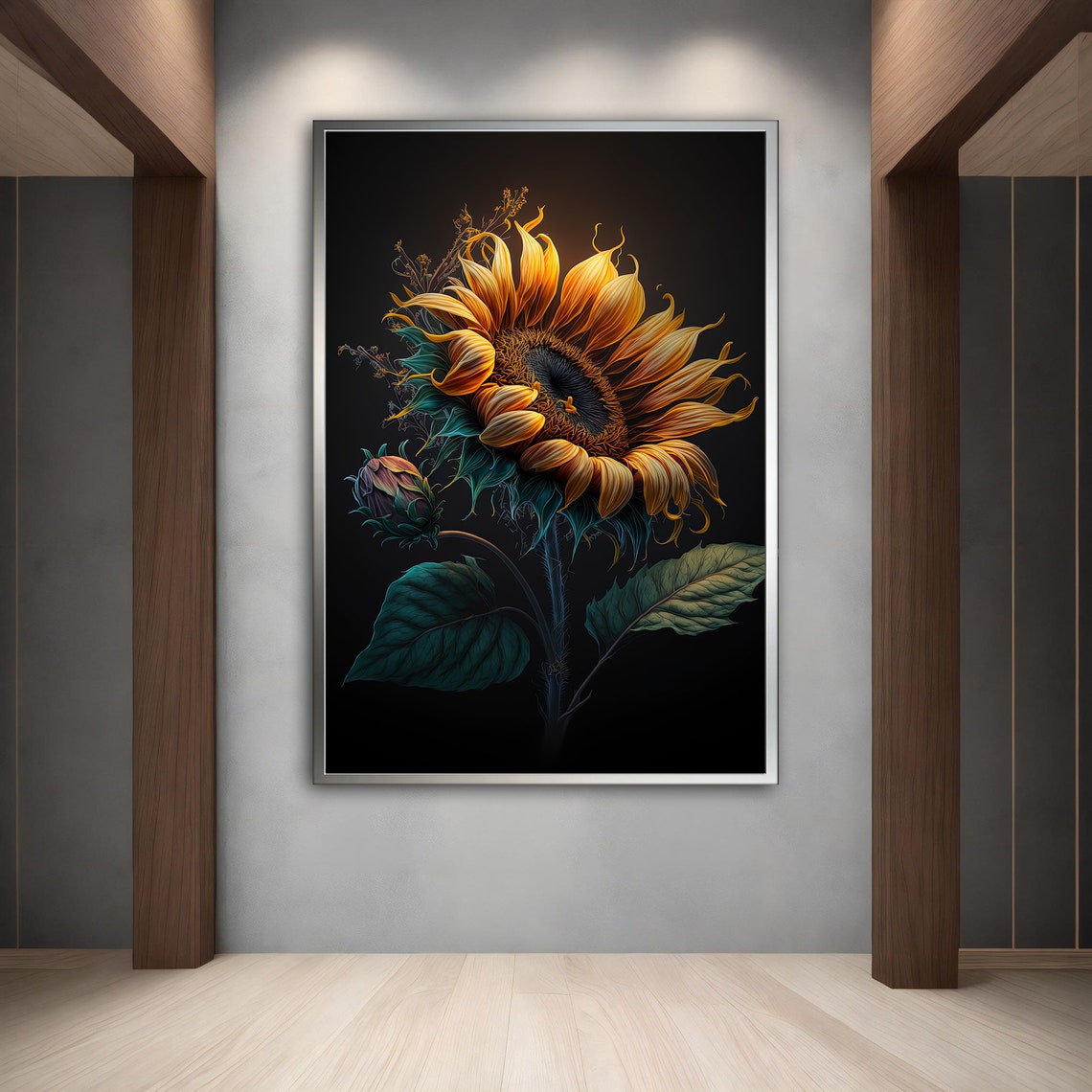 Sunflower Bloom Black Background Dramatic Botanical Gold Frame Poster - Image 5