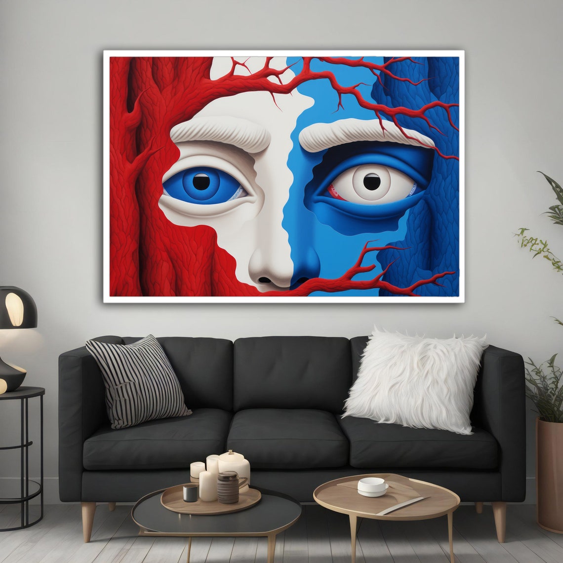 Surreal Face Red Blue Split Tree Branch Eyes Modern Fantasy Art Poster - Image 5