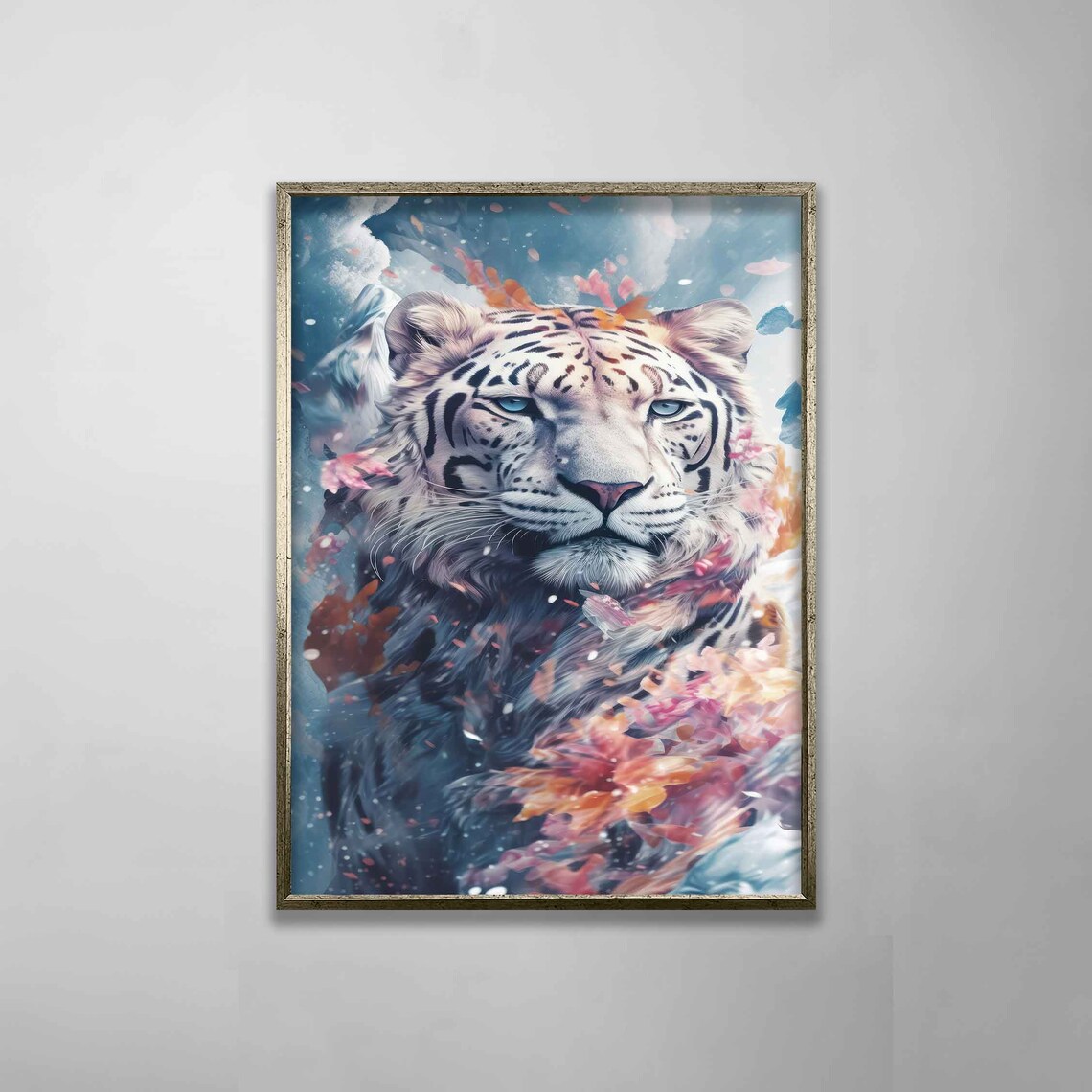White Tiger With Autumn Leaves Watercolor Wildlife Art Poster - Image 2