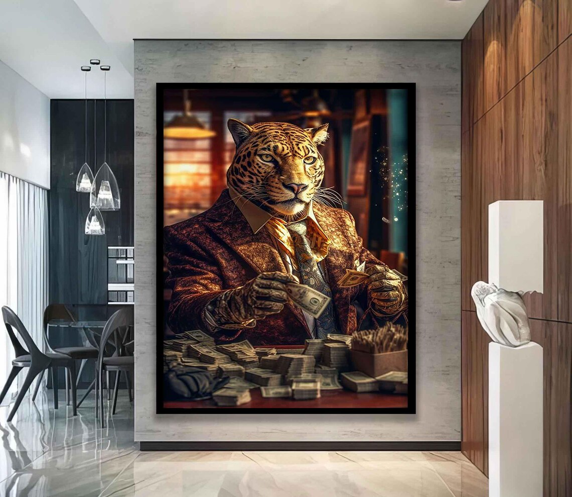 Boss Leopard In Suit Counting Money Funny Luxury Big Cat Office Wall Poster