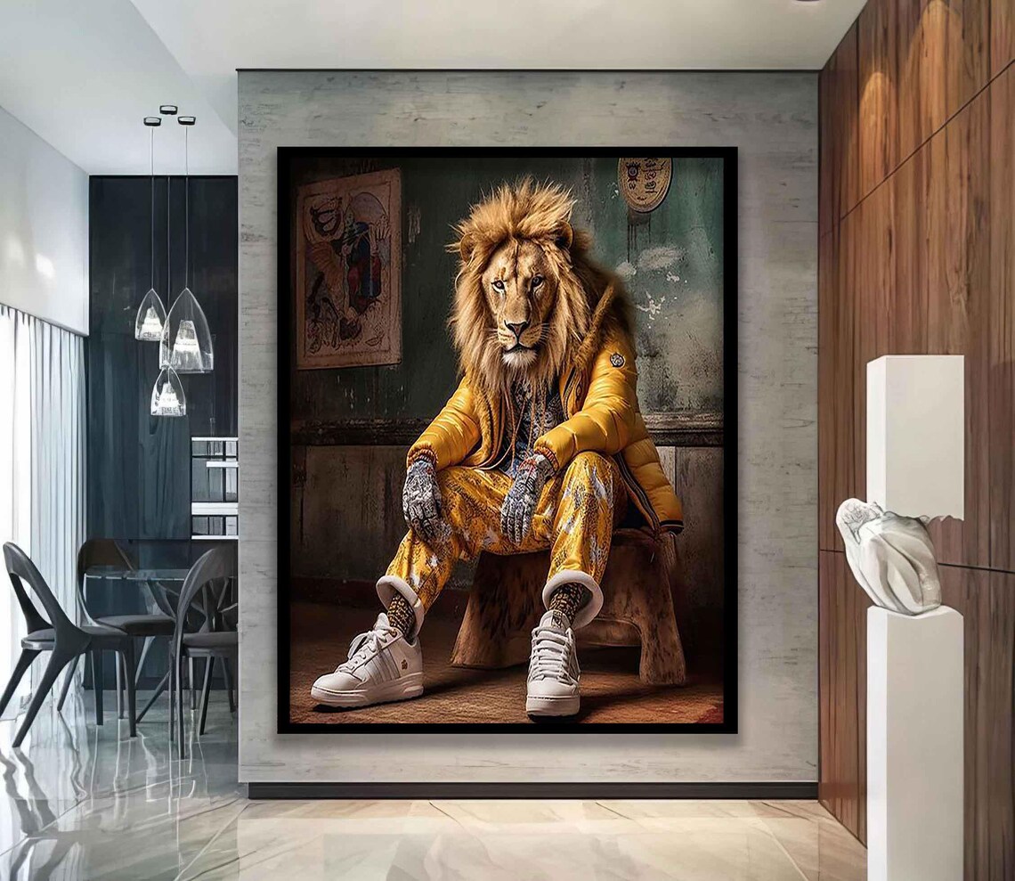 Funny Lion In Yellow Tracksuit Street Style Animal Wall Art Poster