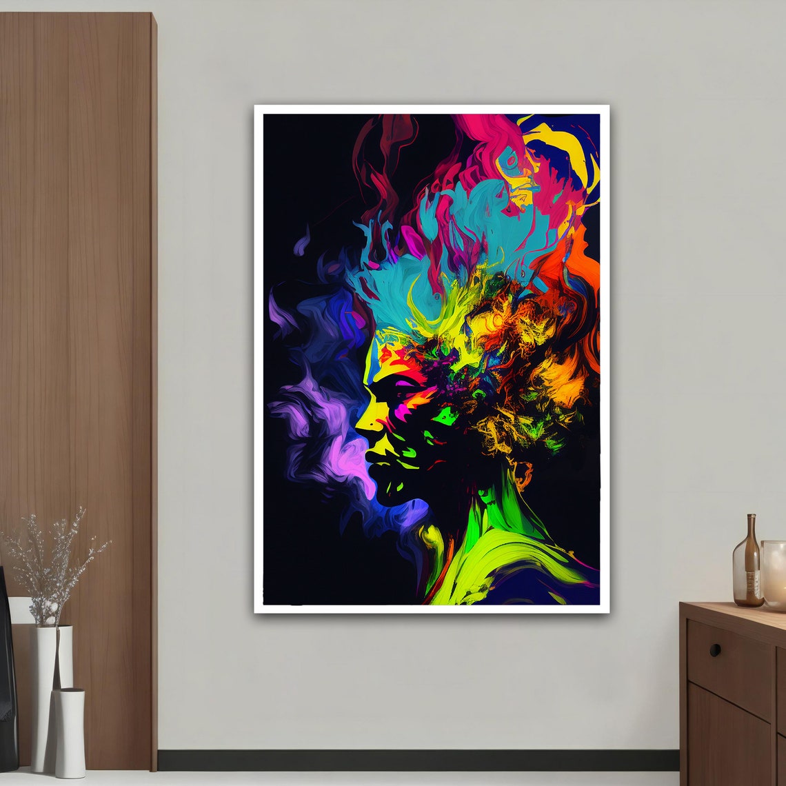 Neon Flame Hair Woman Profile Vivid Color Explosion Black Art Poster - Image 4