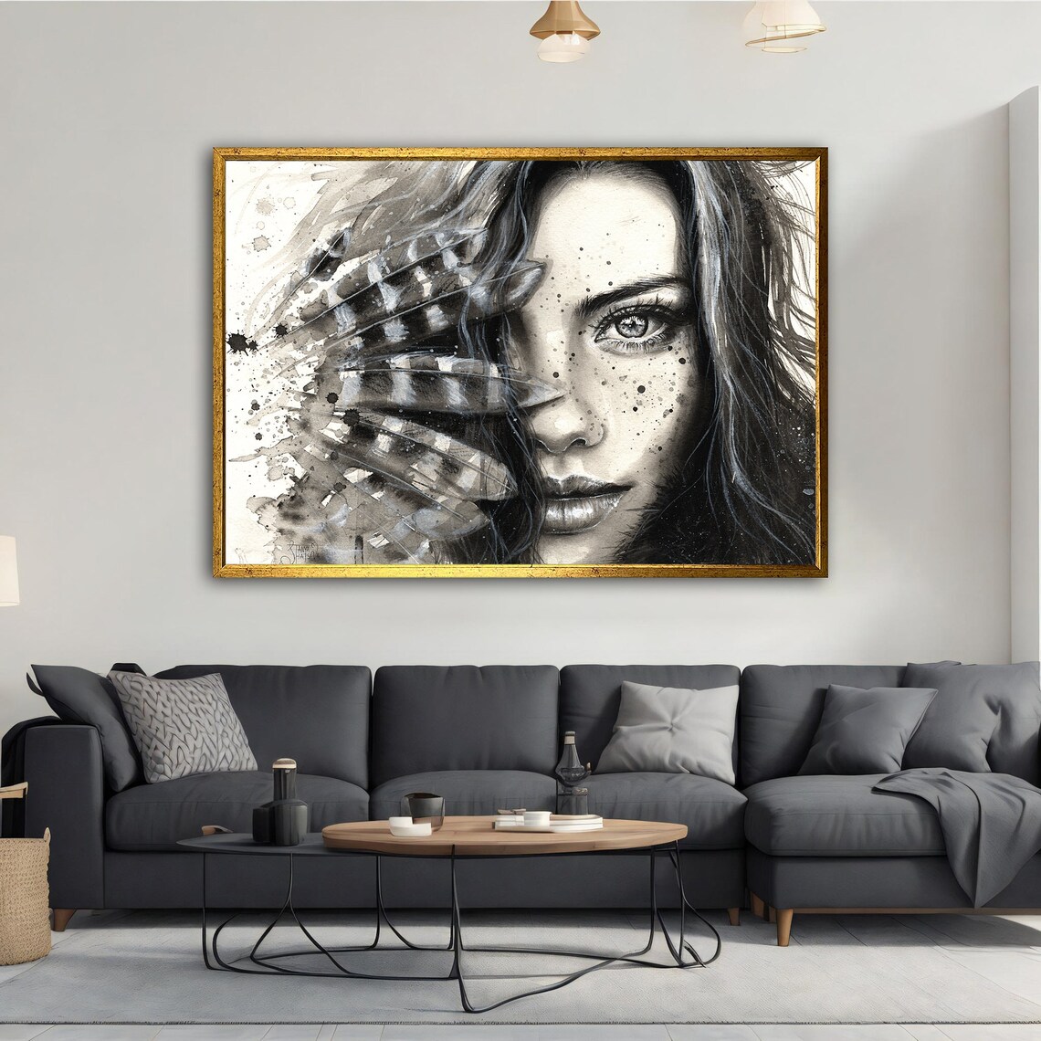 Woman Face Feathers Black White Watercolor Portrait Elegant Wall Art Poster - Image 2