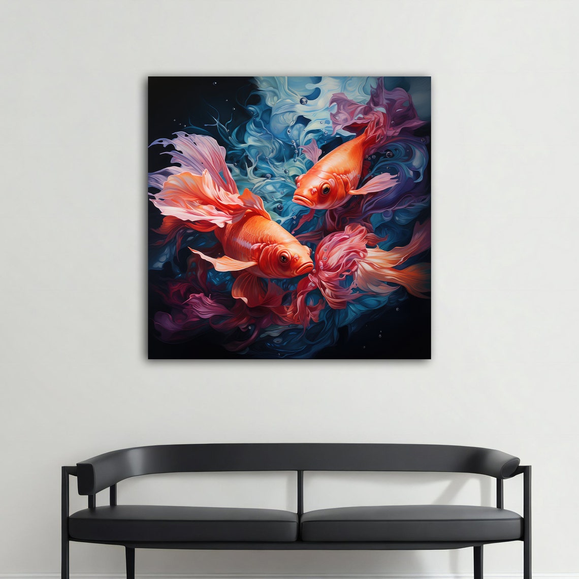 Twin Koi Fish Orange Goldfish Dark Teal Waters Wall Art Poster - Image 2