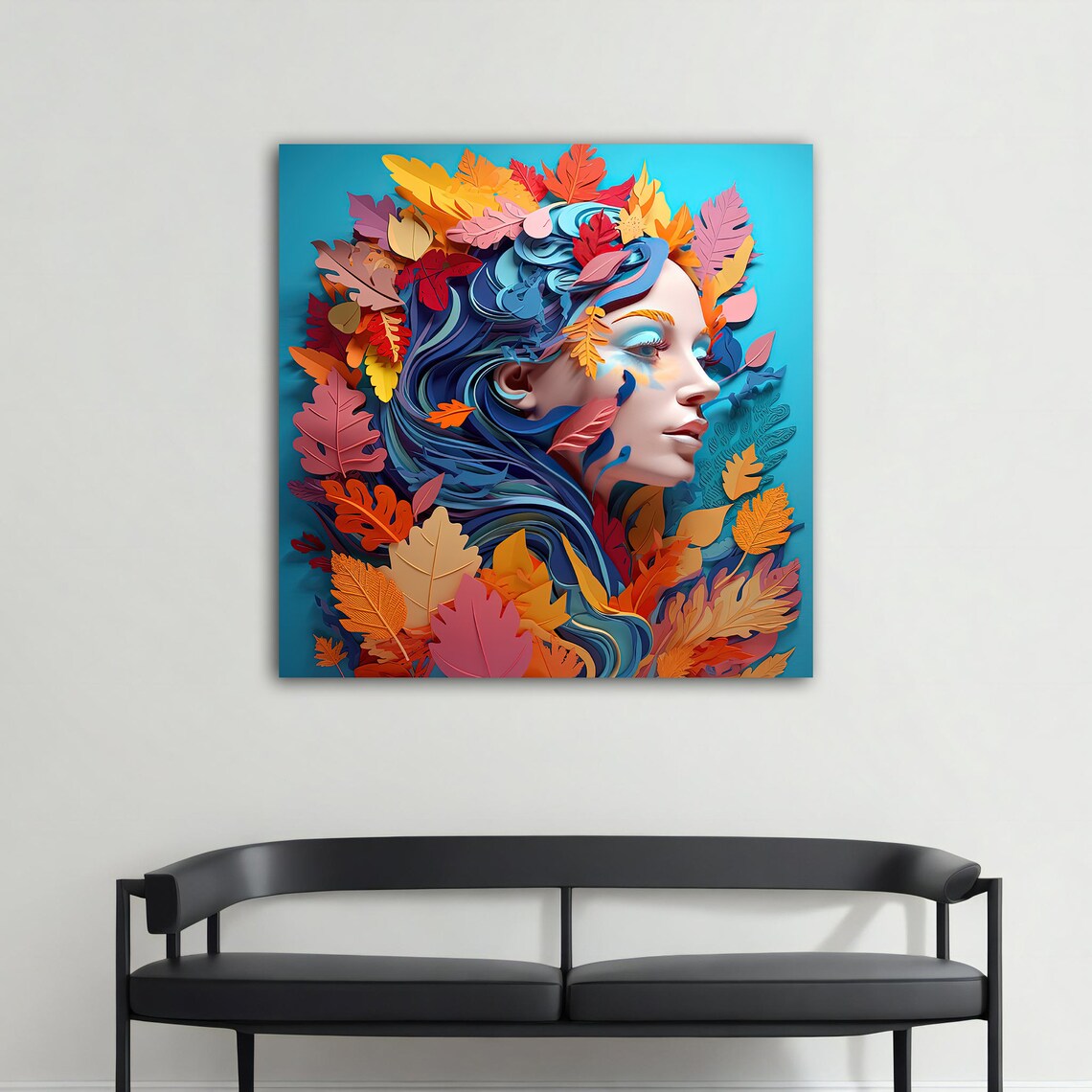 Colorful Paper Cut Autumn Leaves Woman With Flowing Blue Hair Poster - Image 4