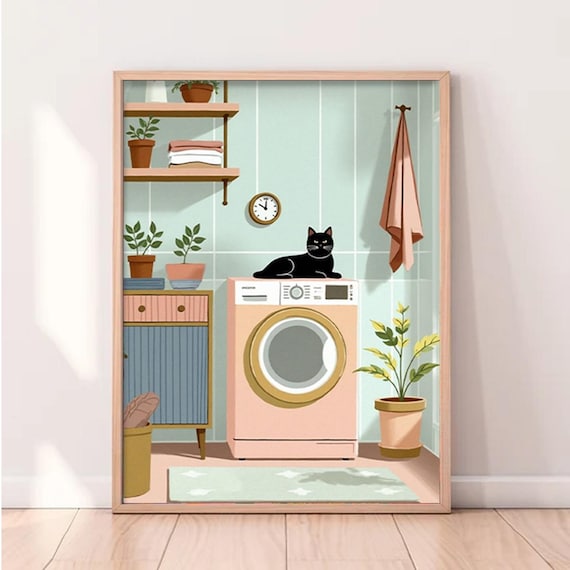 Laundry Room Cat Boho Door View, Whimsical Decor