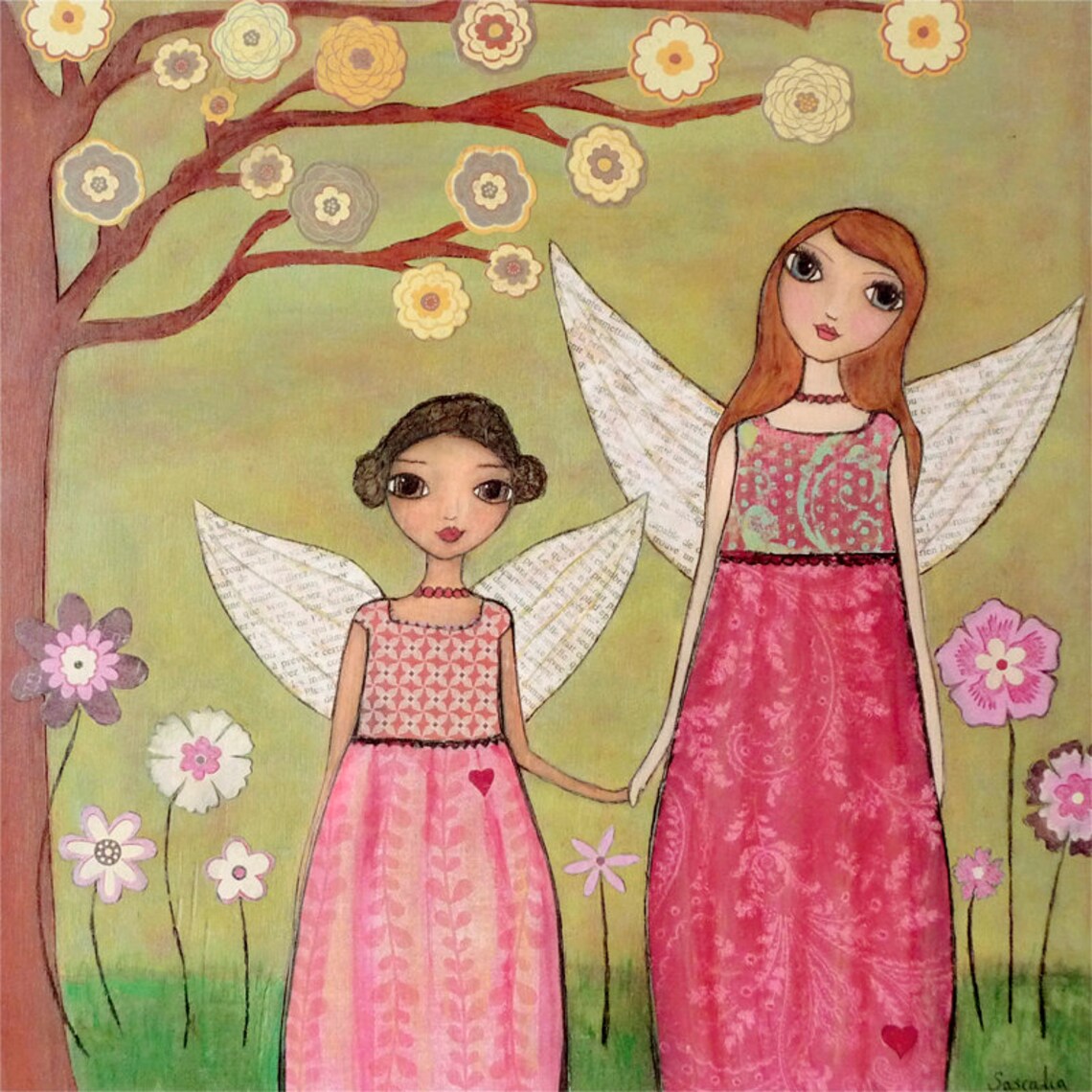 Two Fairy Sisters Holding Hands under a Flowering Tree Poster