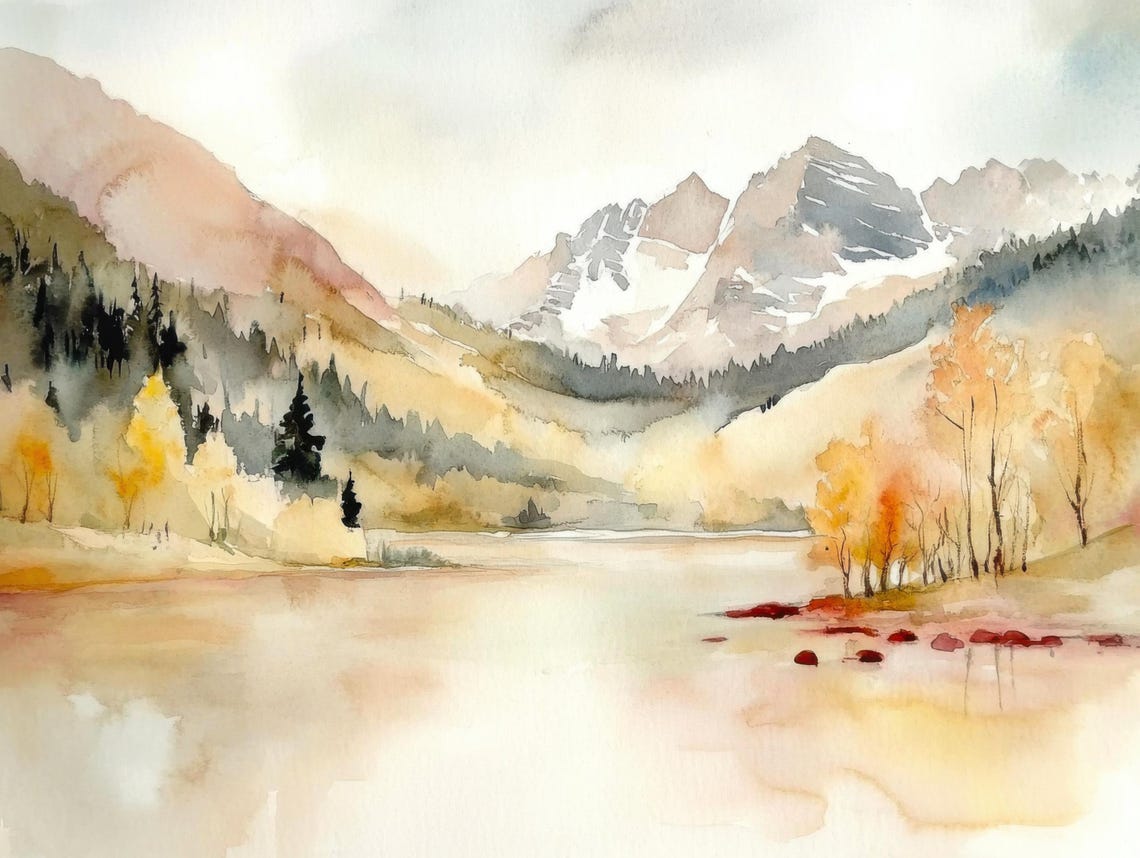 Rocky Mountains Autumn Watercolor Poster With Alpine Lake View