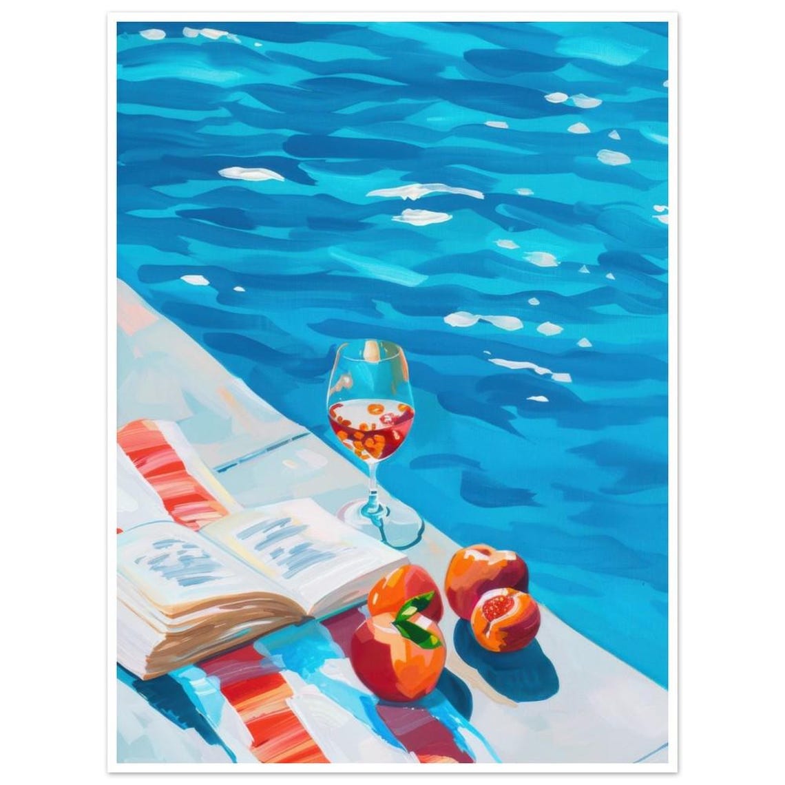 Poolside Book Wine and Peaches Relaxing Summer Still Life Print - Image 3