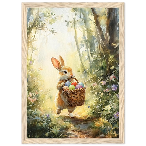 Easter Bunny Carrying Egg Basket in Spring Forest Watercolor Art Poster
