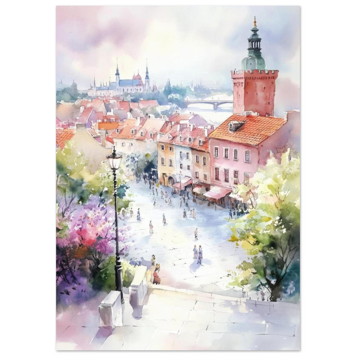 Warsaw Old Town Watercolor Castle Square Spring Cityscape Art Poster