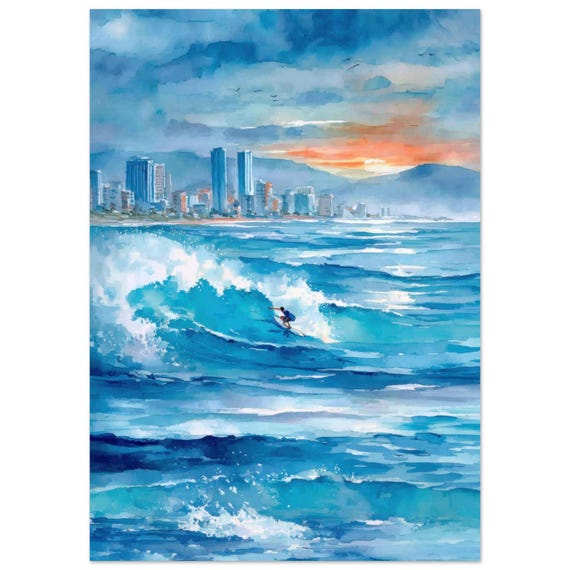 Gold Coast Surfing Wall Art Print Australia Coastal Watercolor Painting Surfer Ocean Wave Sunset Poster Gift By Nataliaayuart