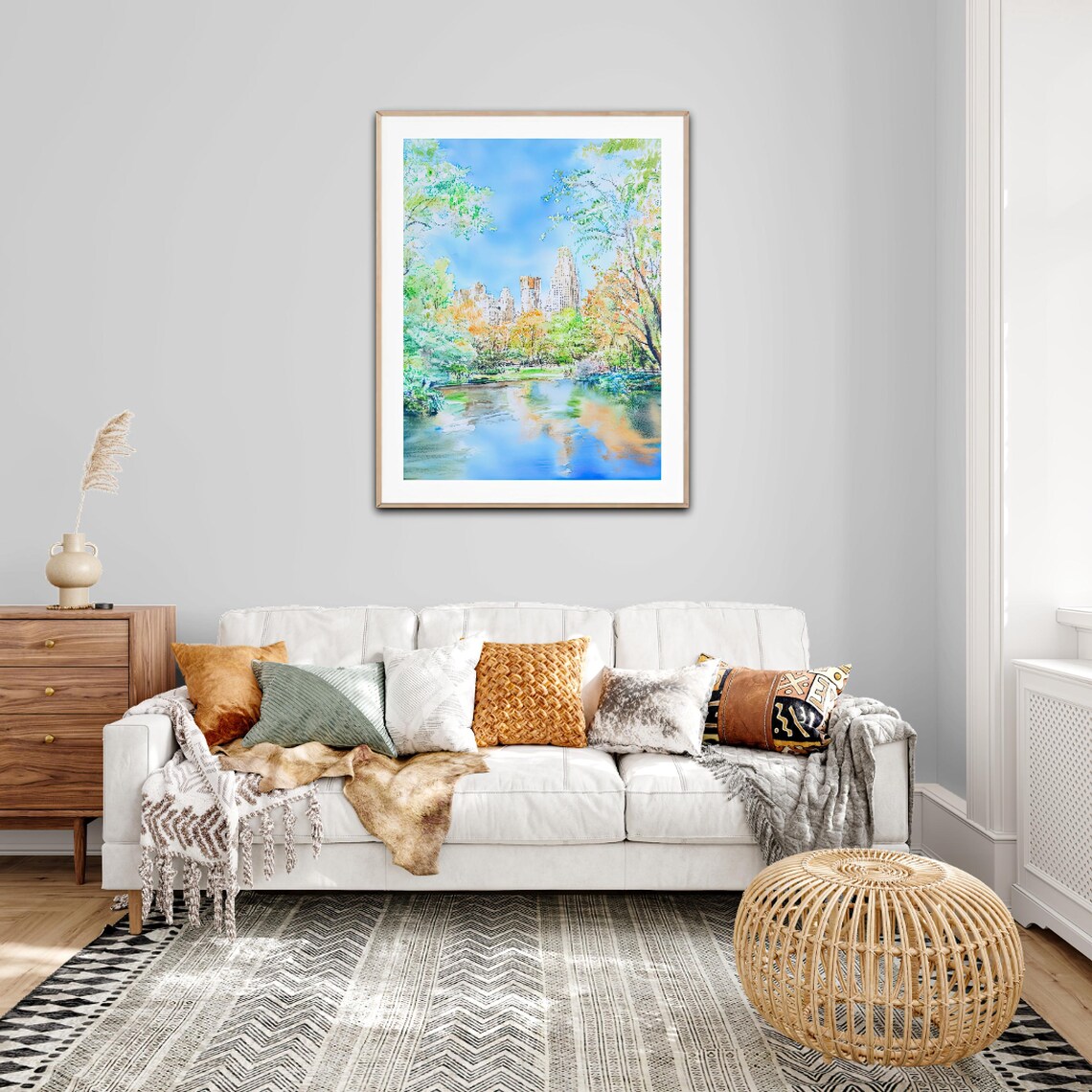 Central Park Watercolor Painting Poster NYC Autumn Pond Scene - Image 3