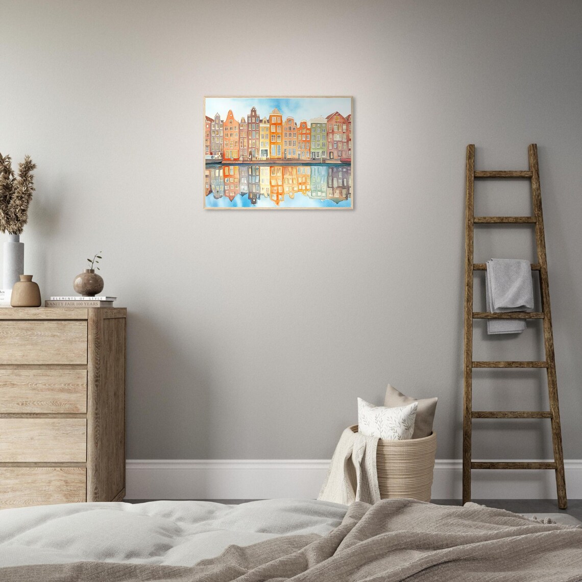Amsterdam Canal Houses Watercolor Mirror Reflection Art Photo Poster - Image 3